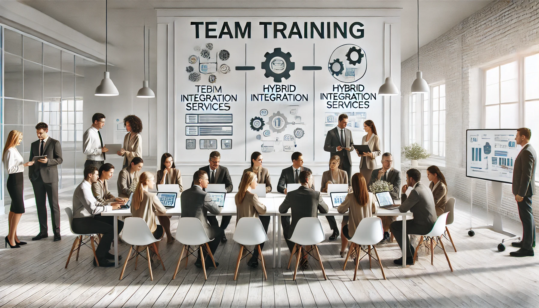 DALL·E 2024 11 14 11.15.17 A realistic image representing team training on hybrid integration services featuring a diverse team of professionals gathered around a table with la Perfect Virtual Team