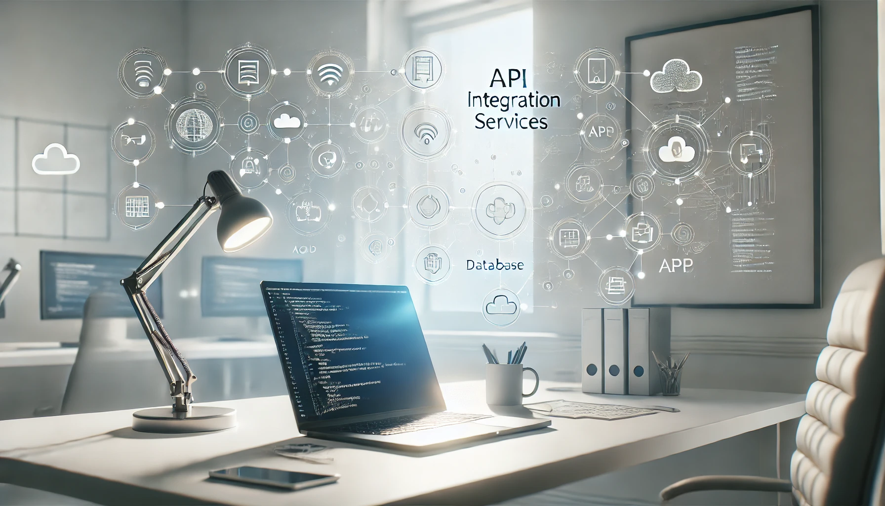 DALL·E 2024 11 15 14.08.42 A realistic feature image for a blog post about API Integration Services and Software Development. The image features a sleek modern workspace with Perfect Virtual Team