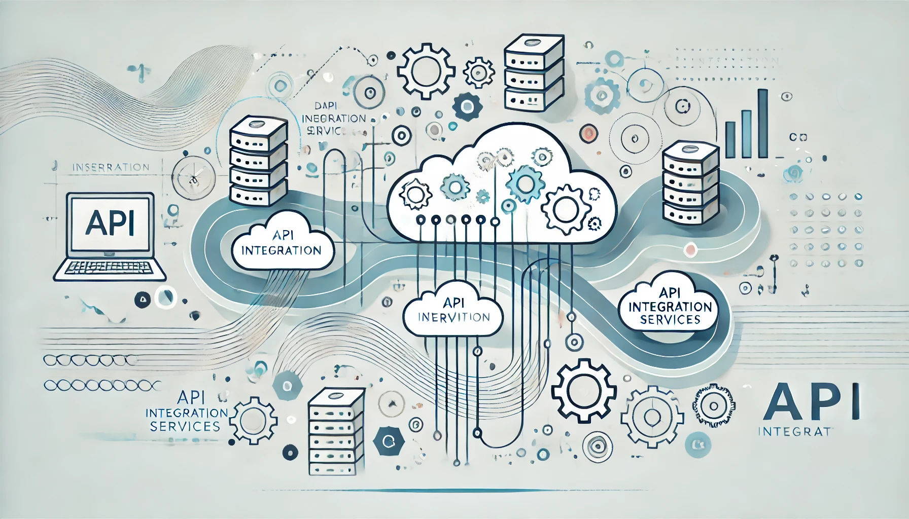 DALL·E 2024 11 15 15.51.11 A modern and minimalistic illustration depicting the concept of API integration services. The image features interconnected cloud servers data stream Perfect Virtual Team