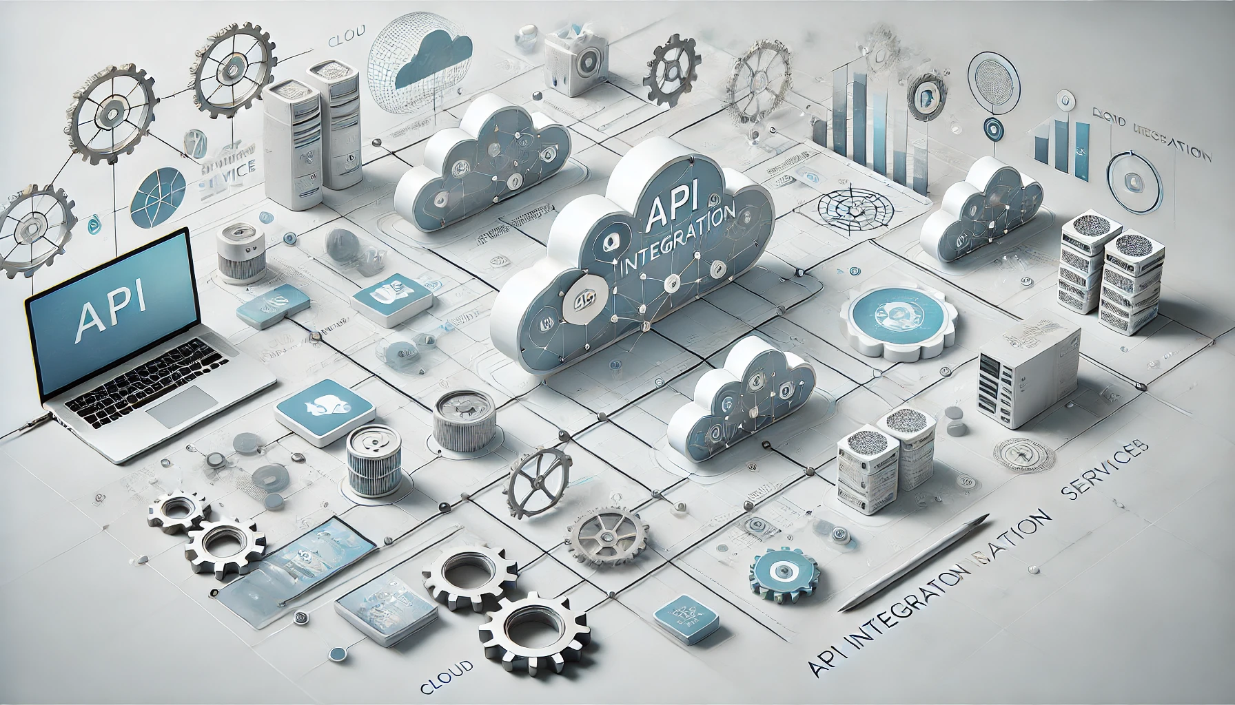 DALL·E 2024 11 15 16.07.25 A realistic and professional digital illustration depicting aspects of API integration services. The image should have a clean minimalist design with Perfect Virtual Team