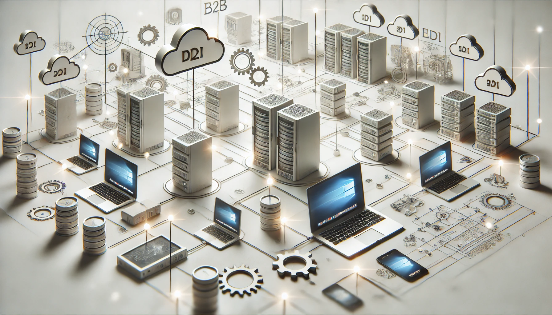 DALL·E 2024 11 19 11.59.33 A professional and clean depiction of B2B EDI integration challenges. The image shows interconnected digital devices such as servers laptops and tab Perfect Virtual Team