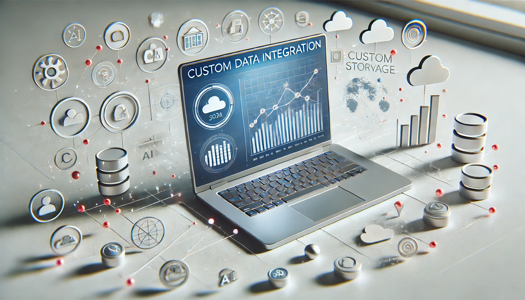 DALL·E 2024 11 21 11.39.08 A realistic feature image illustrating trends in custom data integration. The scene includes a sleek laptop displaying a dashboard with graphs and dat Perfect Virtual Team