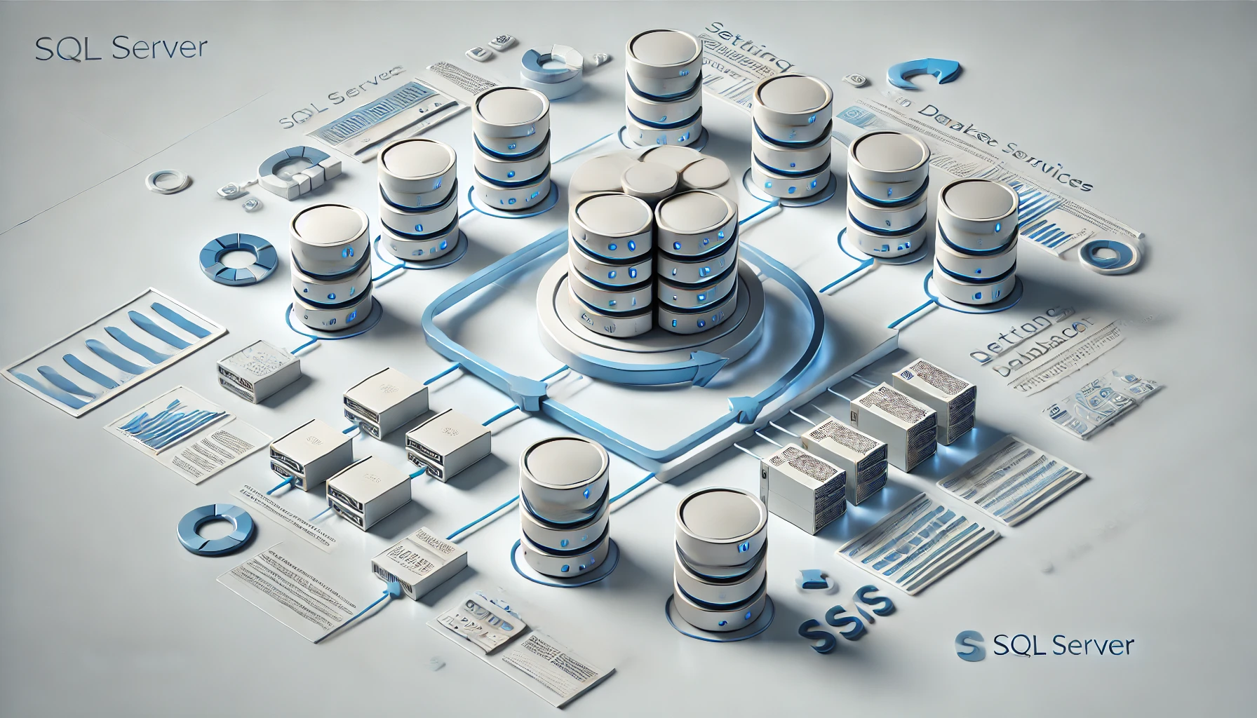 DALL·E 2024 11 22 12.54.00 A realistic feature image illustrating the concept of setting up replication in SQL Server Integration Services SSIS. The scene includes a visually Perfect Virtual Team