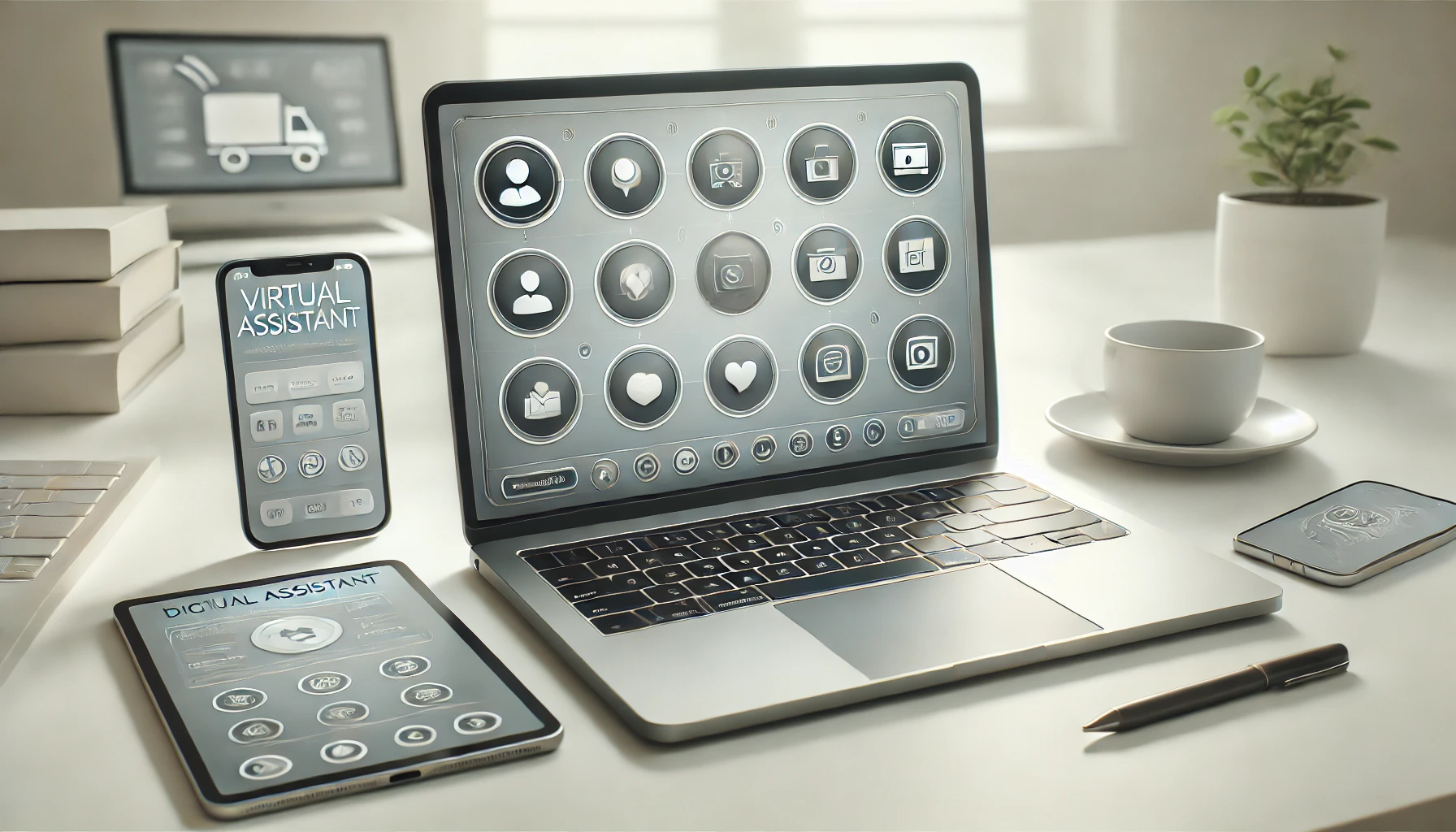 DALL·E 2024 12 05 12.31.51 A realistic image representing a virtual assistant services package for e commerce businesses. The scene includes a sleek modern workspace with a lap Perfect Virtual Team
