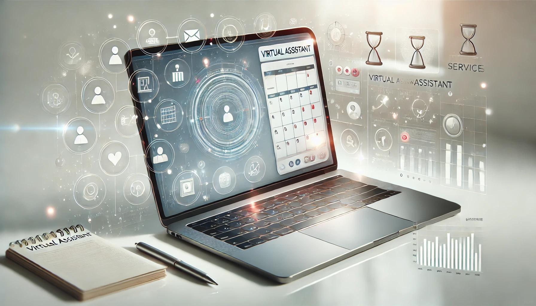 DALL·E 2024 12 05 12.41.08 A realistic and professional image of a virtual assistant services package concept. The central subject is a modern laptop with a digital interface on Perfect Virtual Team