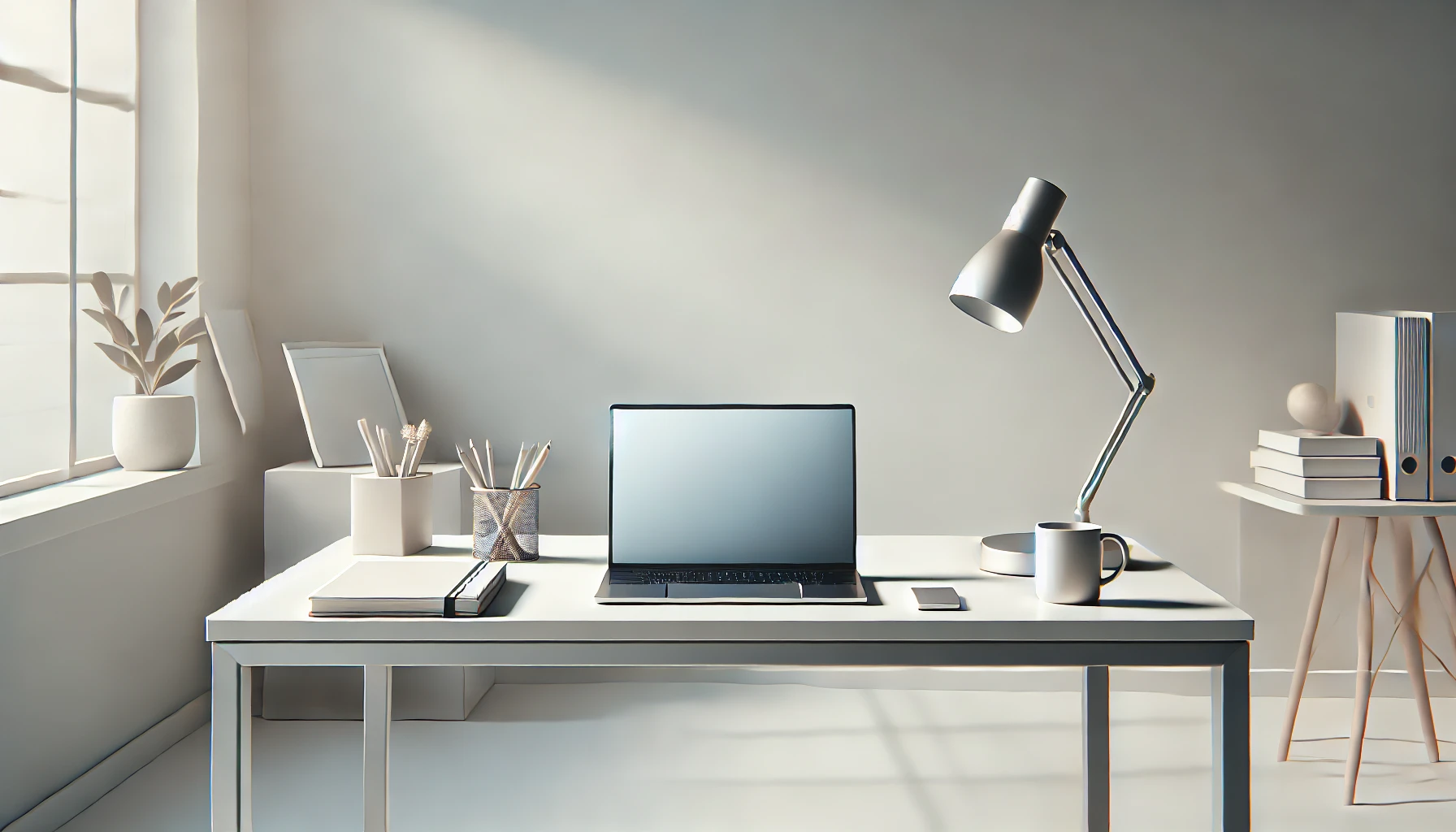 DALL·E 2024 12 05 12.42.30 A realistic digital artwork featuring a modern minimalist office setup. In the foreground there is a sleek desk with a laptop a notebook and a cof Perfect Virtual Team