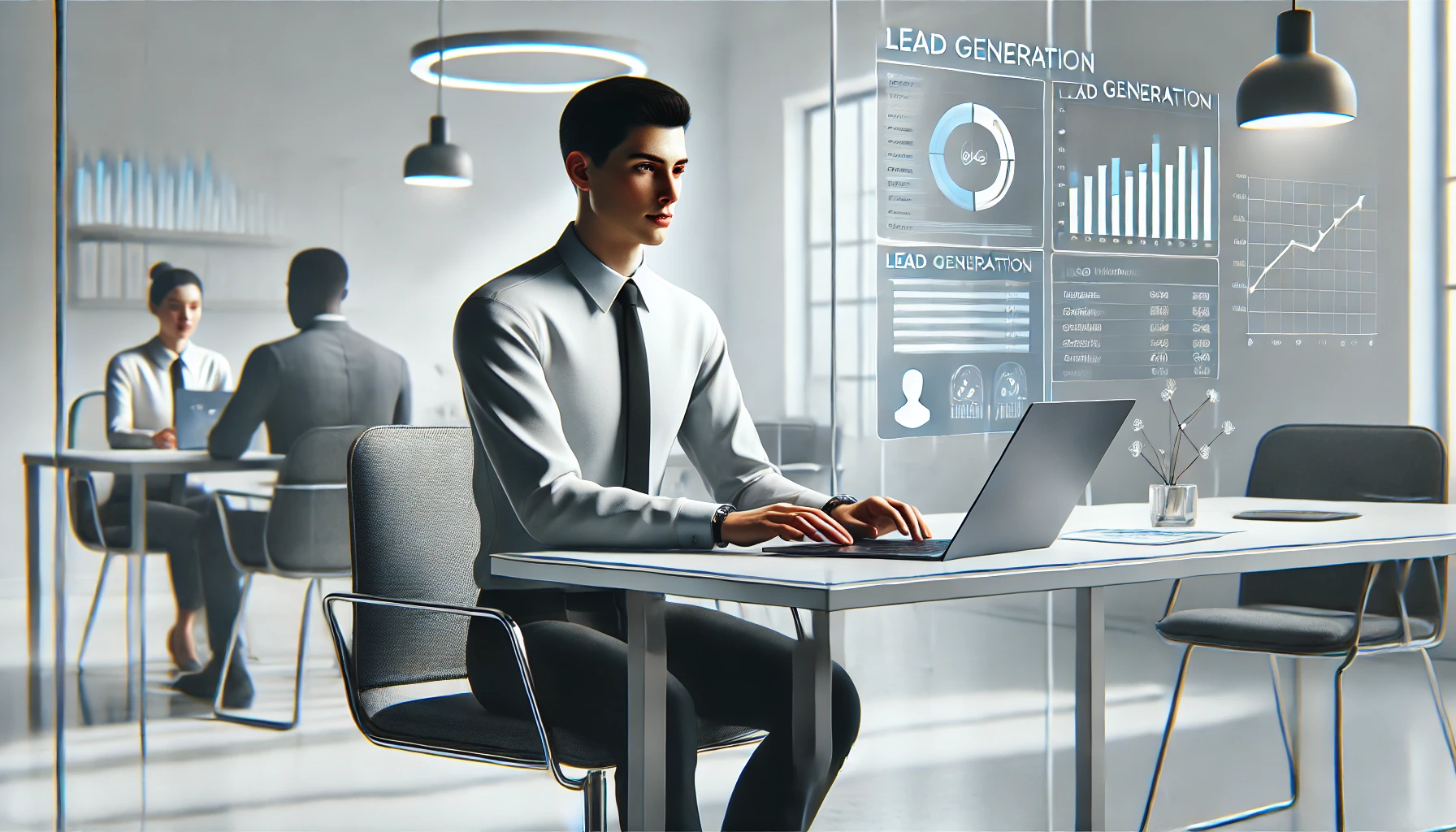 DALL·E 2024 12 06 12.09.25 A realistic digital illustration of a virtual assistant working on lead generation. The subject is a professional virtual assistant in a modern office Perfect Virtual Team