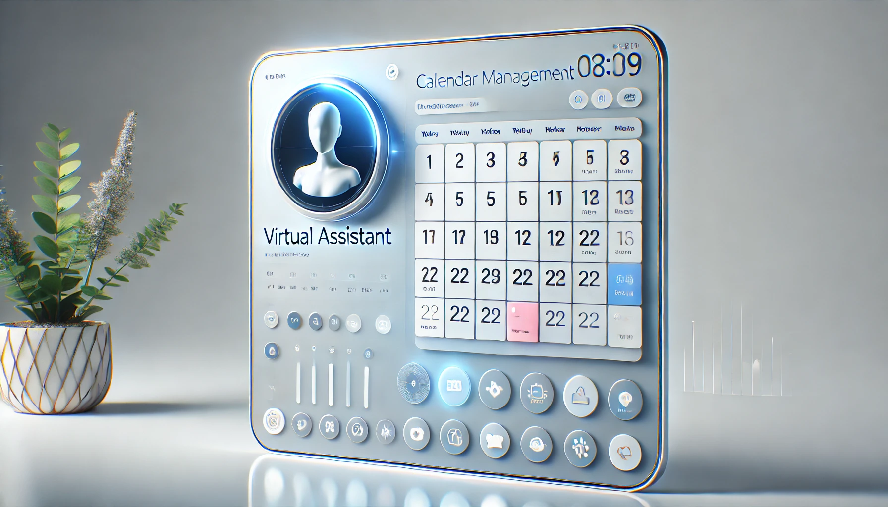 DALL·E 2024 12 17 16.45.12 A realistic digital illustration of a virtual assistant interface designed for effective calendar management. The image features a clean minimalist d Perfect Virtual Team