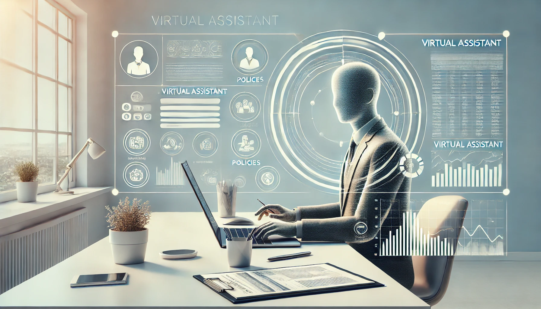 DALL·E 2024 12 19 14.14.03 A professional and modern illustration of a virtual assistant working on insurance related tasks. The assistant is depicted as a person sitting at a c Perfect Virtual Team