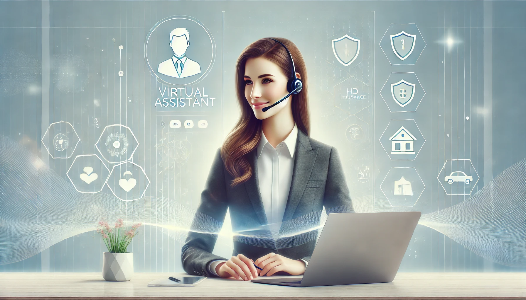 DALL·E 2024 12 19 14.17.31 A professional clean and modern digital illustration of a virtual assistant concept tailored for an insurance agency. The image features a friendly Perfect Virtual Team