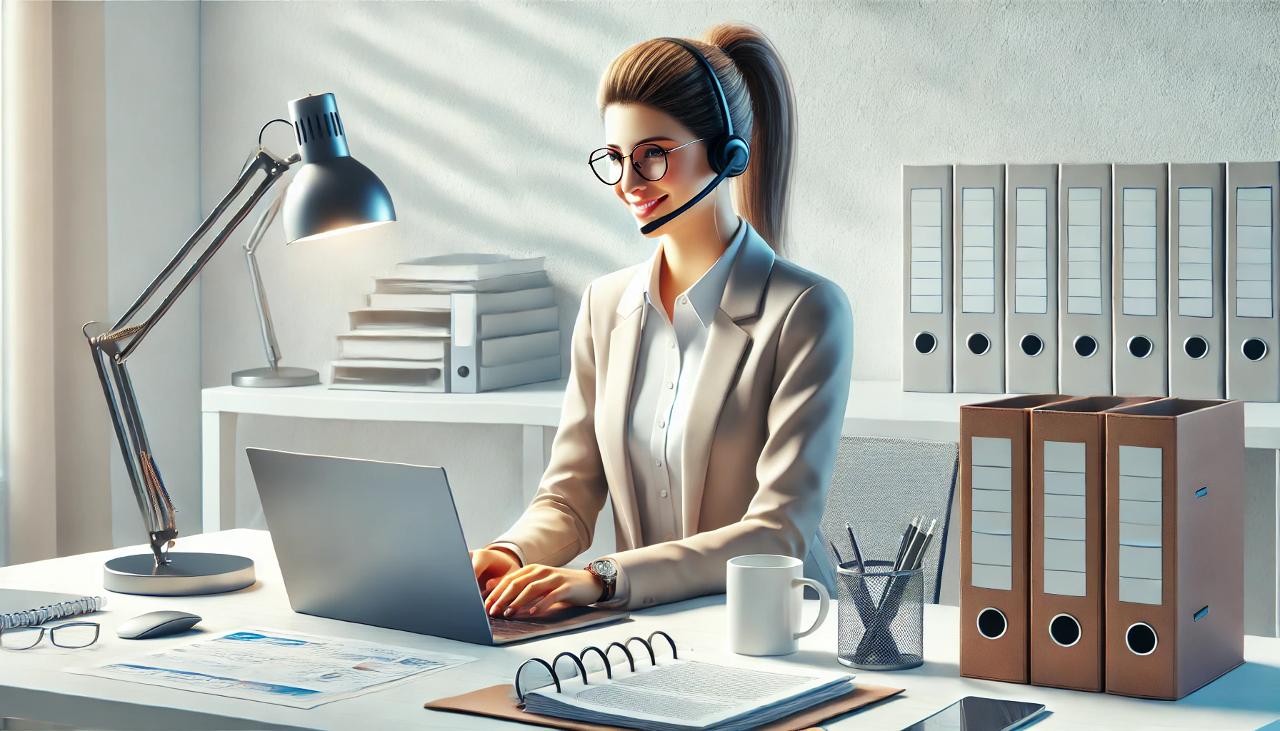 DALL·E 2024 12 19 14.21.44 A realistic digital illustration of a professional virtual assistant working remotely for an insurance agency. The assistant is seated at a desk with Perfect Virtual Team