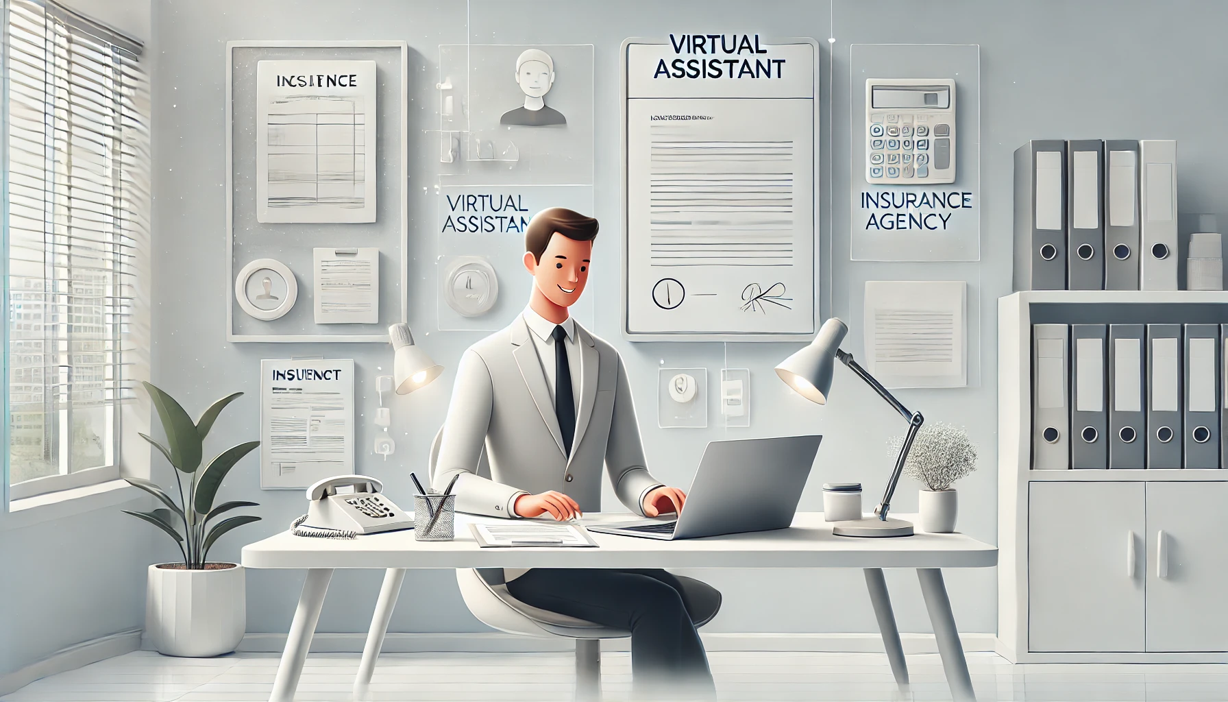 DALL·E 2024 12 19 14.23.22 A professional illustration of a virtual assistant working in an insurance agency showcasing a clean organized desk setup. The assistant is depicted Perfect Virtual Team