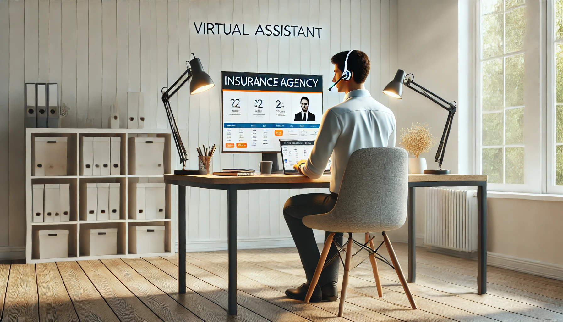 DALL·E 2024 12 19 14.26.50 A realistic feature image illustrating a professional insurance agency virtual assistant concept. The setting includes a clean modern desk setup with Perfect Virtual Team