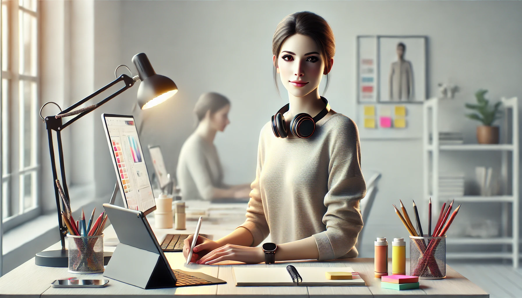 DALL·E 2024 12 26 12.46.14 A realistic feature image of a creative virtual assistant at work. The scene shows a modern sleek workspace with a laptop and a tablet surrounded by Perfect Virtual Team