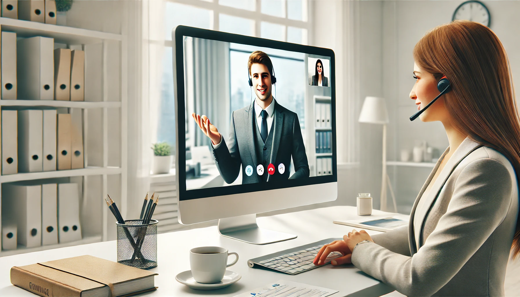 DALL·E 2024 12 30 17.08.57 A realistic depiction of a professional virtual assistant interacting with a client remotely symbolizing outsourcing. The assistant is shown on a com Perfect Virtual Team