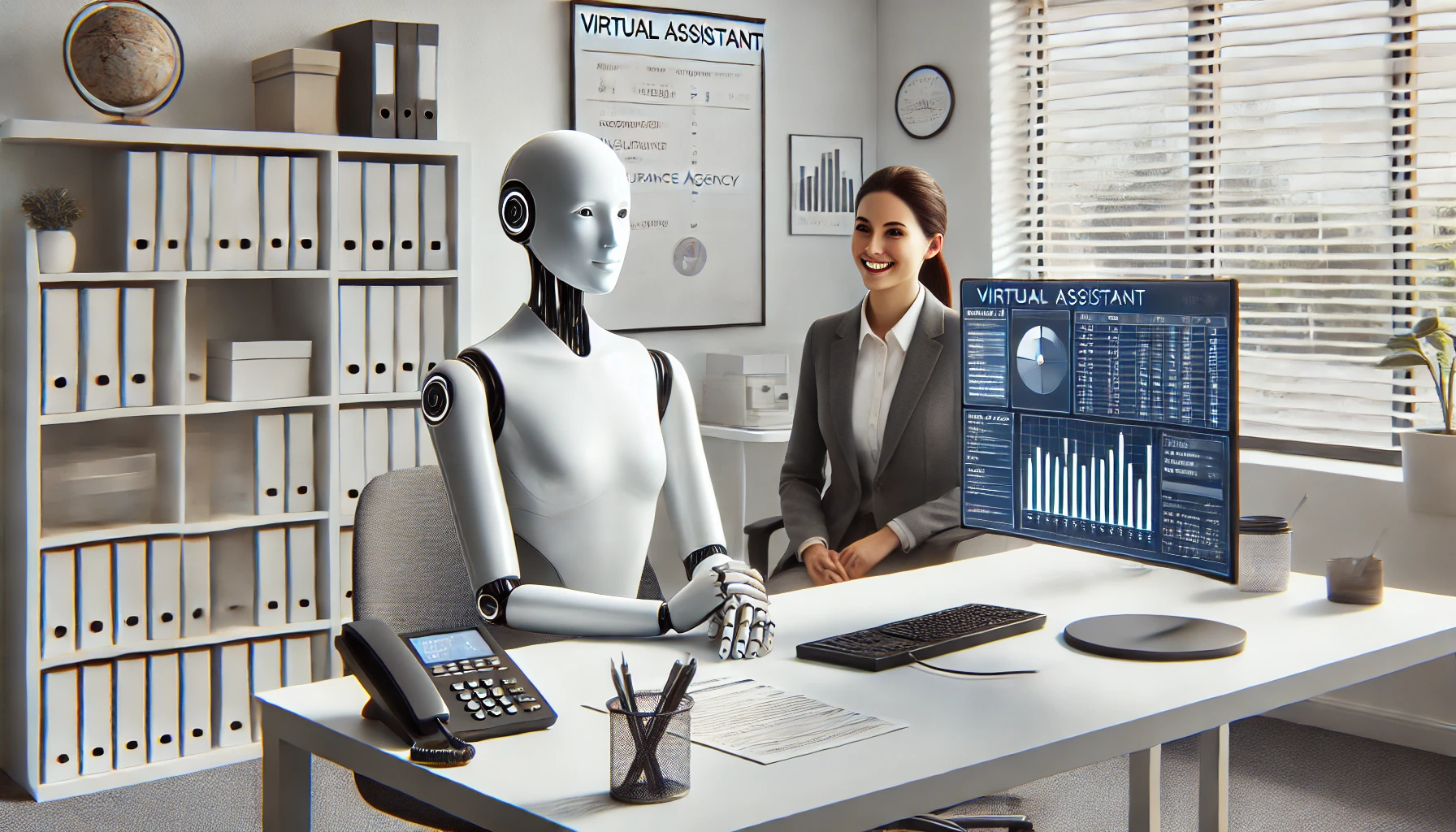 DALL·E 2024 12 30 17.10.57 A realistic feature image showcasing a virtual assistant represented as a sleek and modern humanoid figure sitting at a desk in a professional insura Perfect Virtual Team