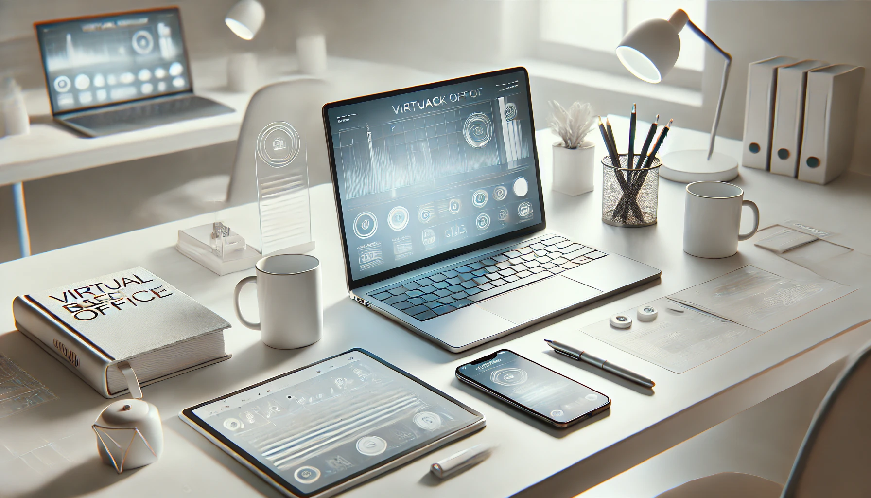 DALL·E 2025 01 02 12.56.30 A realistic digital artwork of a modern virtual back office setup. The scene includes a clean white desk with a sleek laptop a smartphone and a tabl Perfect Virtual Team