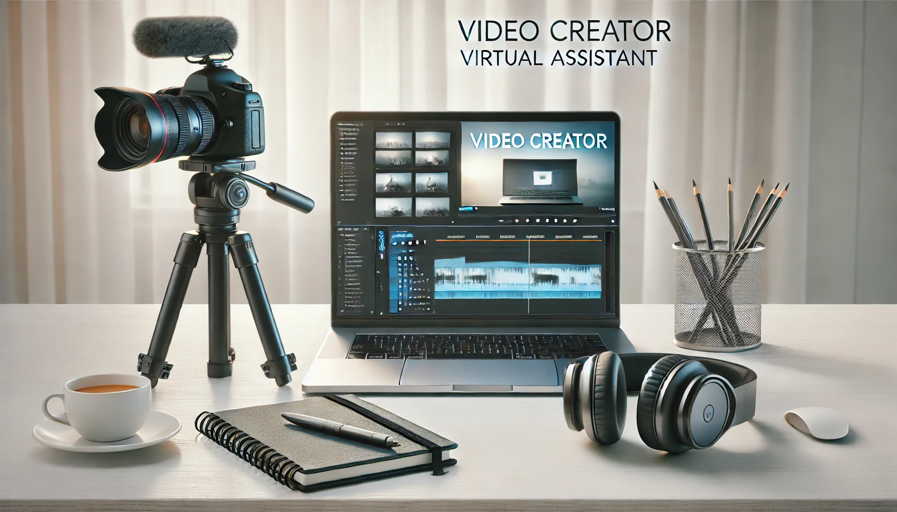 DALL·E 2025 01 06 13.20.10 A realistic image depicting a video creator virtual assistant concept featuring a professional looking workspace setup. The scene includes a laptop d Perfect Virtual Team