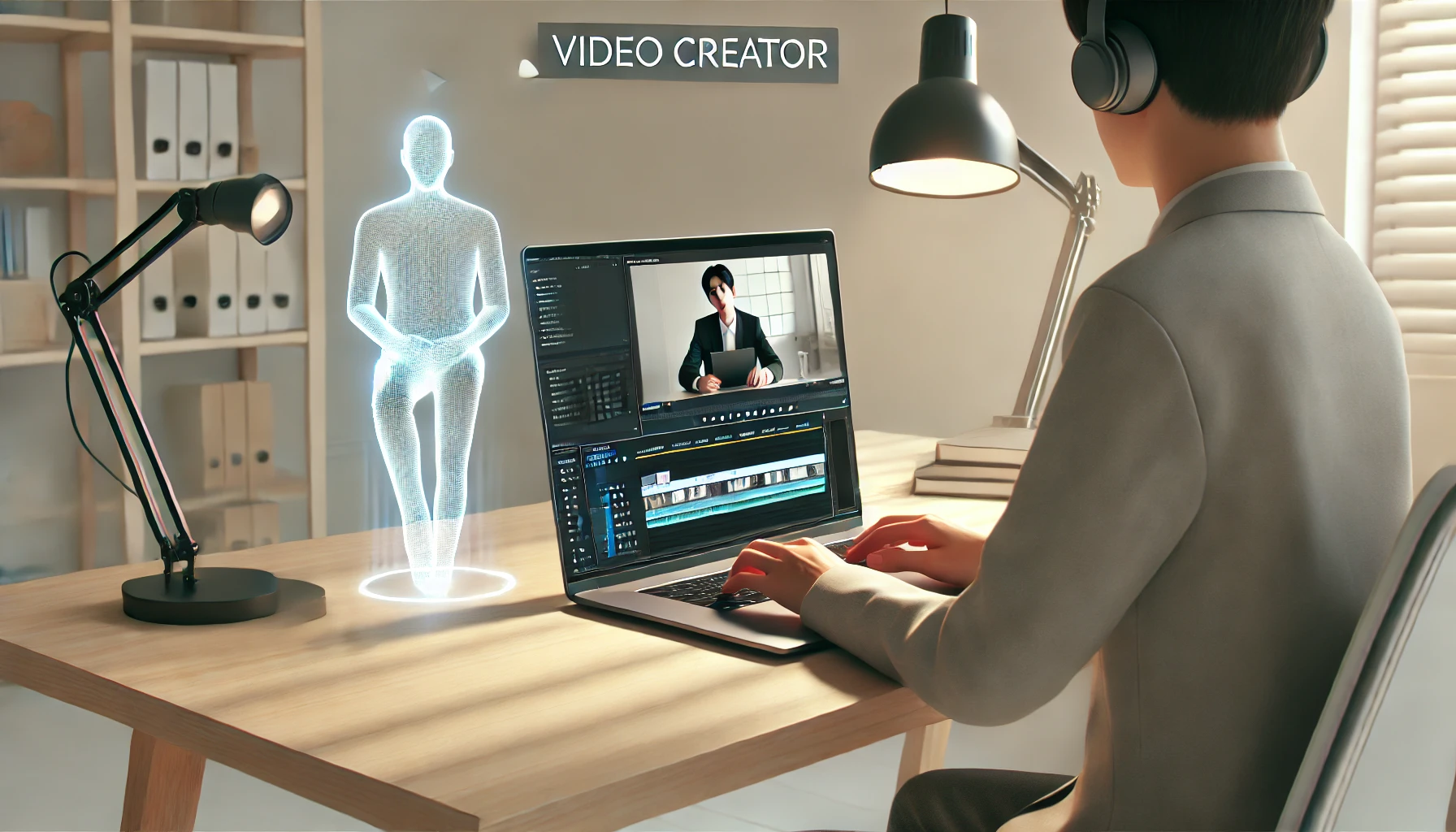 DALL·E 2025 01 06 13.23.23 A realistic image representing collaboration with a video creator virtual assistant featuring a person working on a laptop with video editing softwar Perfect Virtual Team