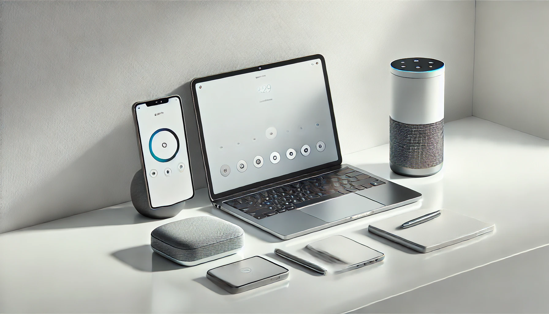 DALL·E 2025 01 08 14.50.54 A photorealistic depiction of modern virtual assistant tools showcasing a sleek laptop smartphone and smart speaker arranged on a clean white desk Perfect Virtual Team