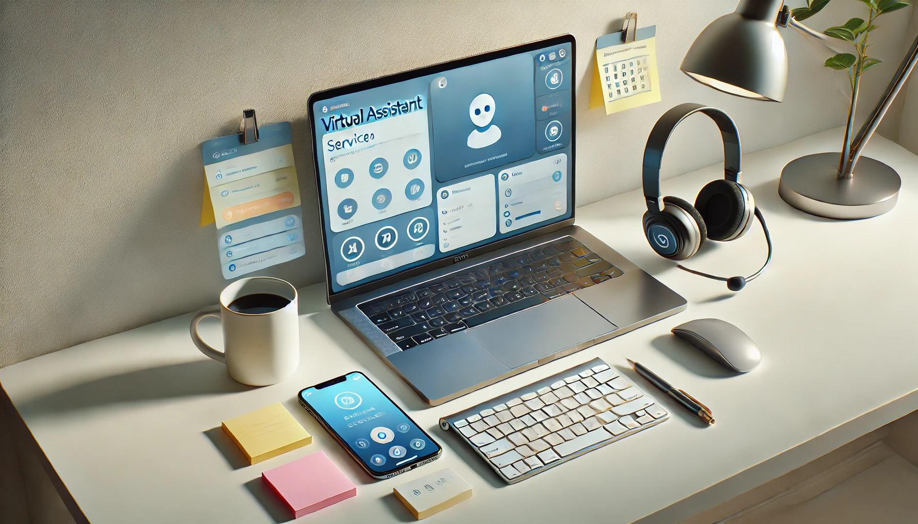 DALL·E 2025 01 08 14.52.16 A realistic depiction of various virtual assistant services represented as diverse elements on a desk. The desk features a laptop with a virtual assis Perfect Virtual Team