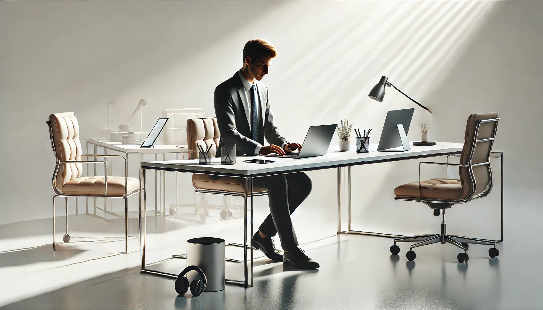 DALL·E 2025 01 08 14.55.01 A realistic illustration of a professional virtual assistant concept depicting a person working on a laptop at a minimalist desk with an organized se Perfect Virtual Team