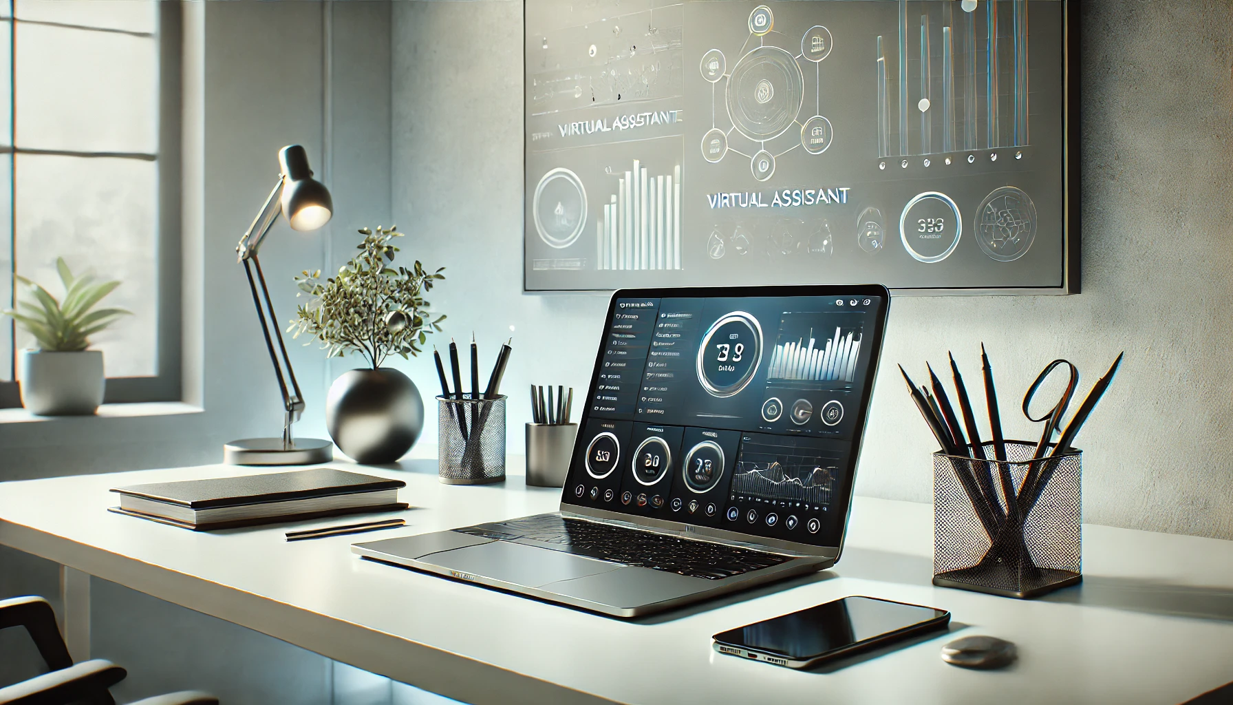 DALL·E 2025 01 08 14.57.54 A realistic depiction of a modern workspace setup symbolizing virtual assistant services. The scene features a minimalist desk with a sleek laptop dis Perfect Virtual Team