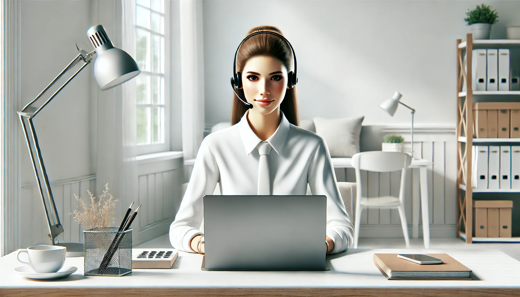 DALL·E 2025 01 08 14.59.43 A realistic illustration featuring a professional virtual assistant working at a desk using a laptop and a headset symbolizing remote assistance. Th Perfect Virtual Team