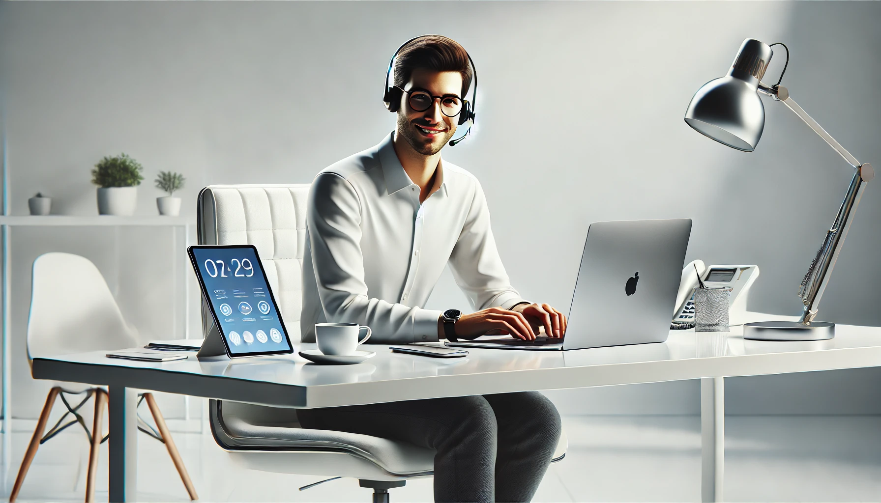 DALL·E 2025 01 10 18.33.18 A realistic image of a professional virtual assistant working remotely with a laptop headset and coffee cup on a sleek modern white desk. The back Perfect Virtual Team