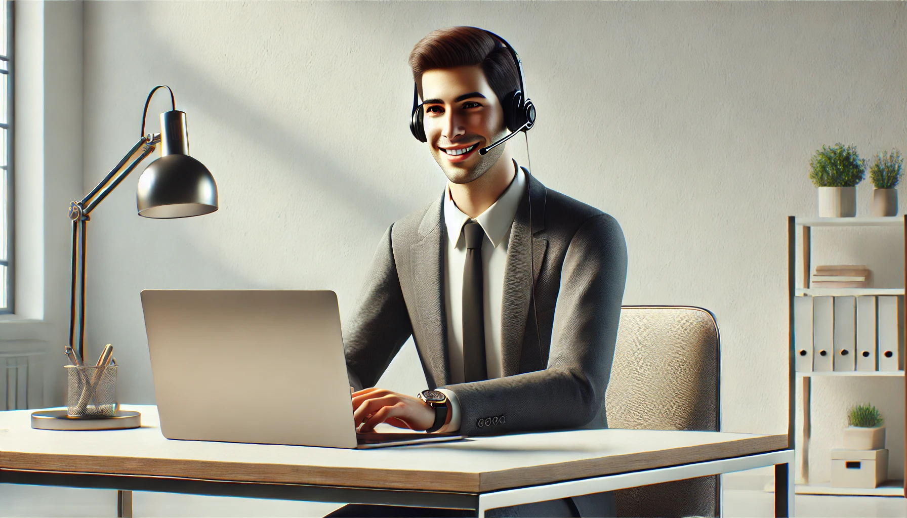 DALL·E 2025 01 10 18.35.40 A realistic depiction of a virtual assistant concept featuring a professional looking person seated at a modern desk with a laptop and headset smili Perfect Virtual Team