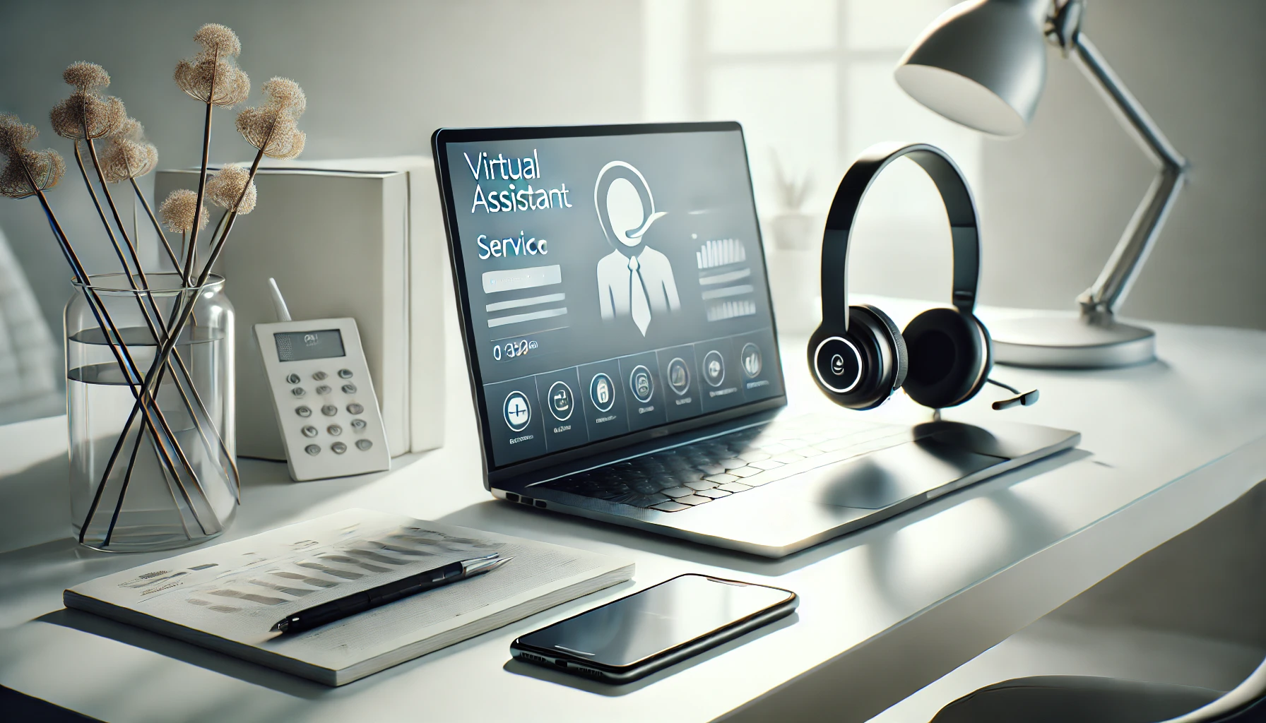 DALL·E 2025 01 10 18.39.43 A realistic feature image showing a professional workspace with modern gadgets symbolizing virtual assistant services including a sleek laptop smart Perfect Virtual Team