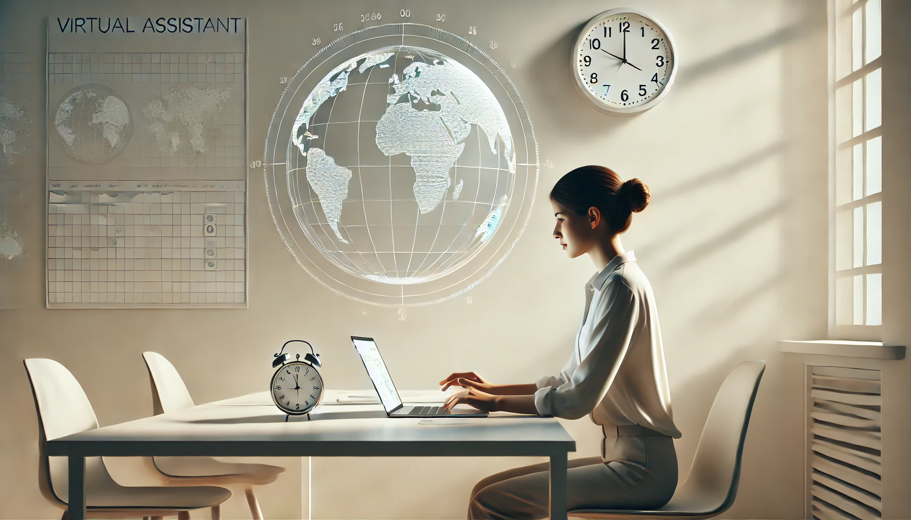 DALL·E 2025 01 10 18.46.03 A modern realistic depiction of a virtual assistant working remotely on a sleek laptop. The assistant is seated at a minimalist desk with a neutral l Perfect Virtual Team