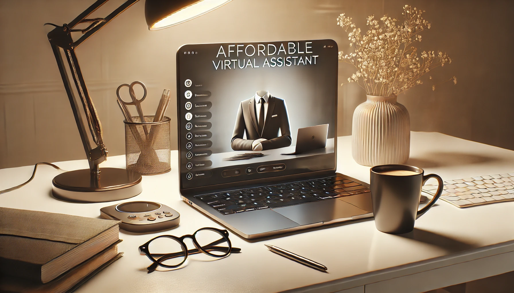 DALL·E 2025 01 14 13.46.34 A realistic digital artwork showcasing the concept of affordable virtual assistant services. The image features a sleek laptop a cup of coffee and a Perfect Virtual Team