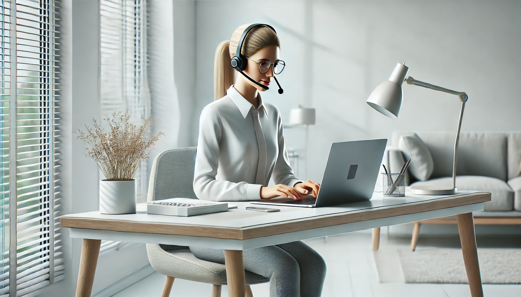 DALL·E 2025 01 14 13.57.43 A realistic illustration of a virtual assistant working on a laptop at a modern desk. The virtual assistant is wearing a professional headset typing Perfect Virtual Team