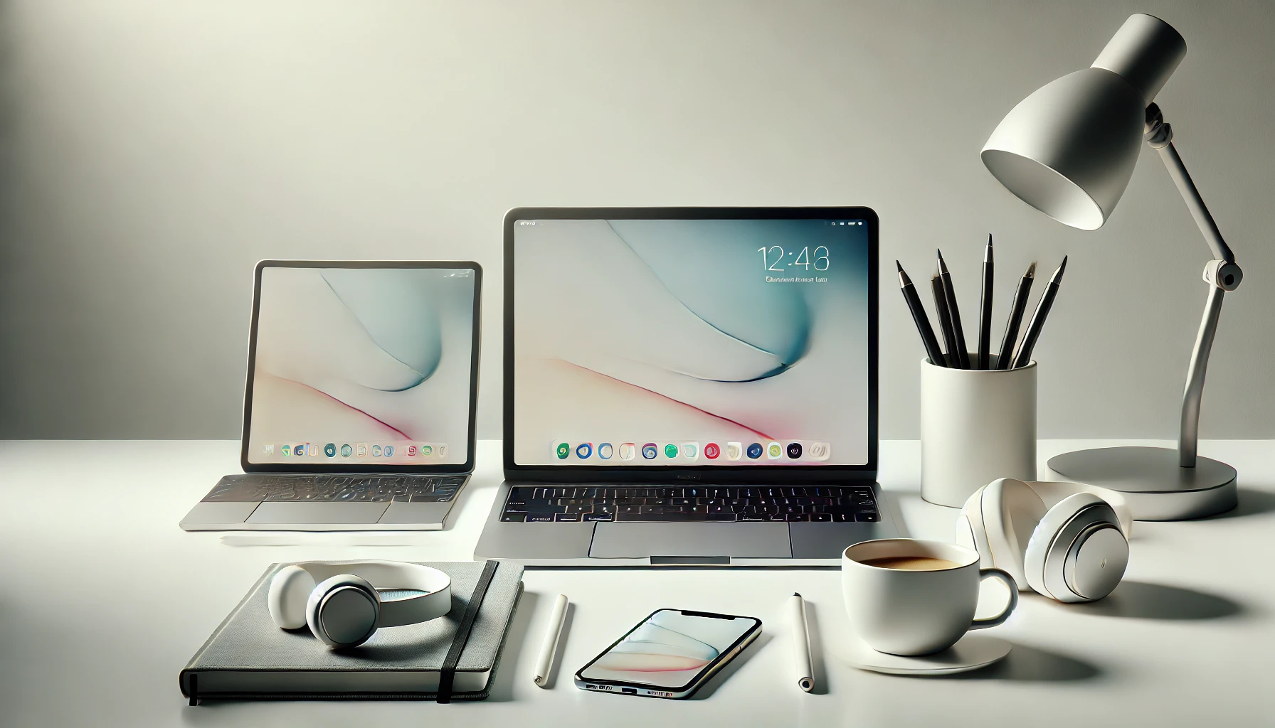 DALL·E 2025 01 14 13.58.59 A modern workspace setup featuring a sleek laptop a smartphone and a pair of headphones on a white desk. The scene includes subtle elements like a Perfect Virtual Team