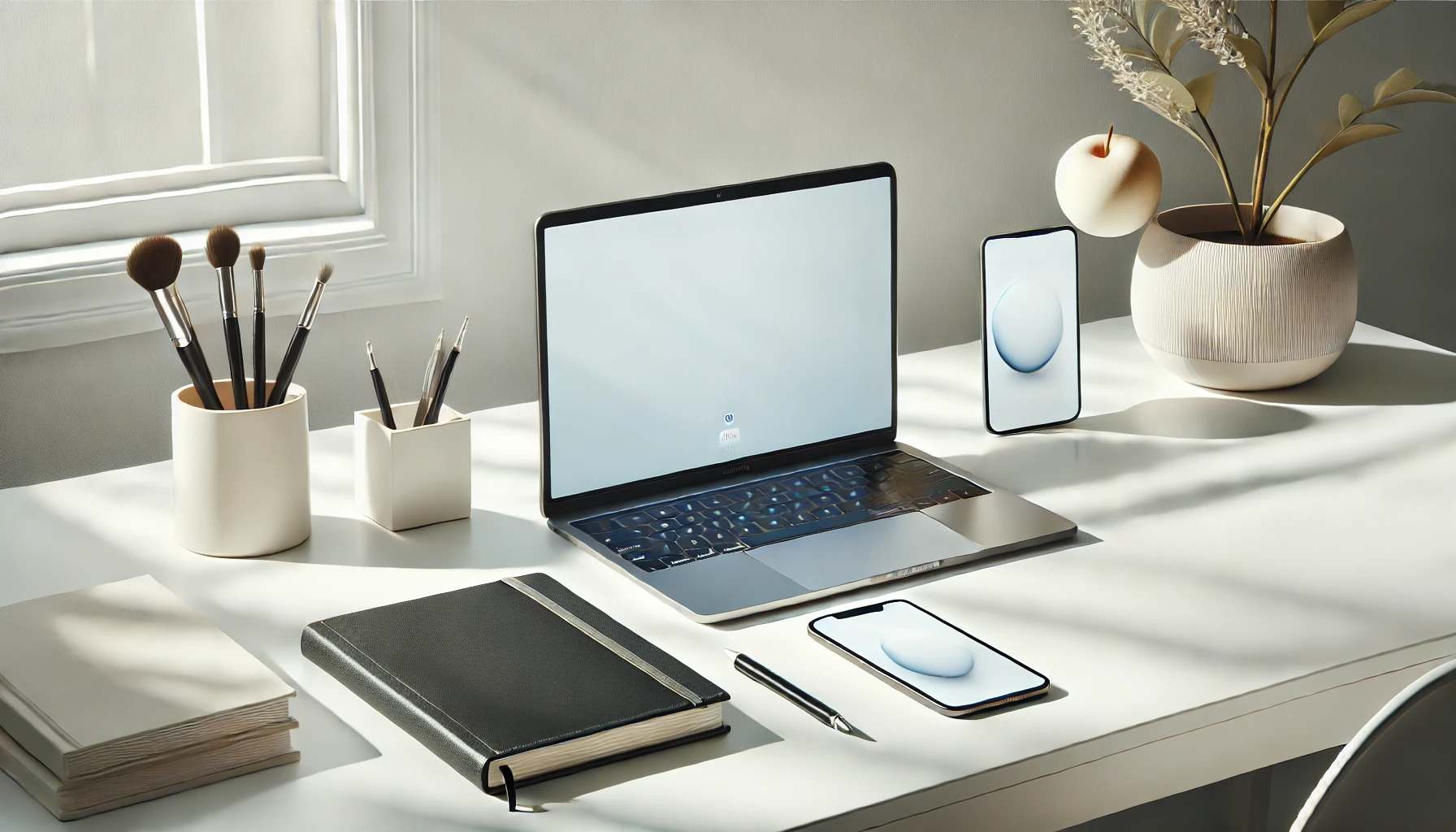 DALL·E 2025 01 14 14.00.53 A realistic image of a modern virtual assistant workspace showcasing a sleek laptop a smartphone and a notepad arranged on a clean white desk. The 1 1 Perfect Virtual Team