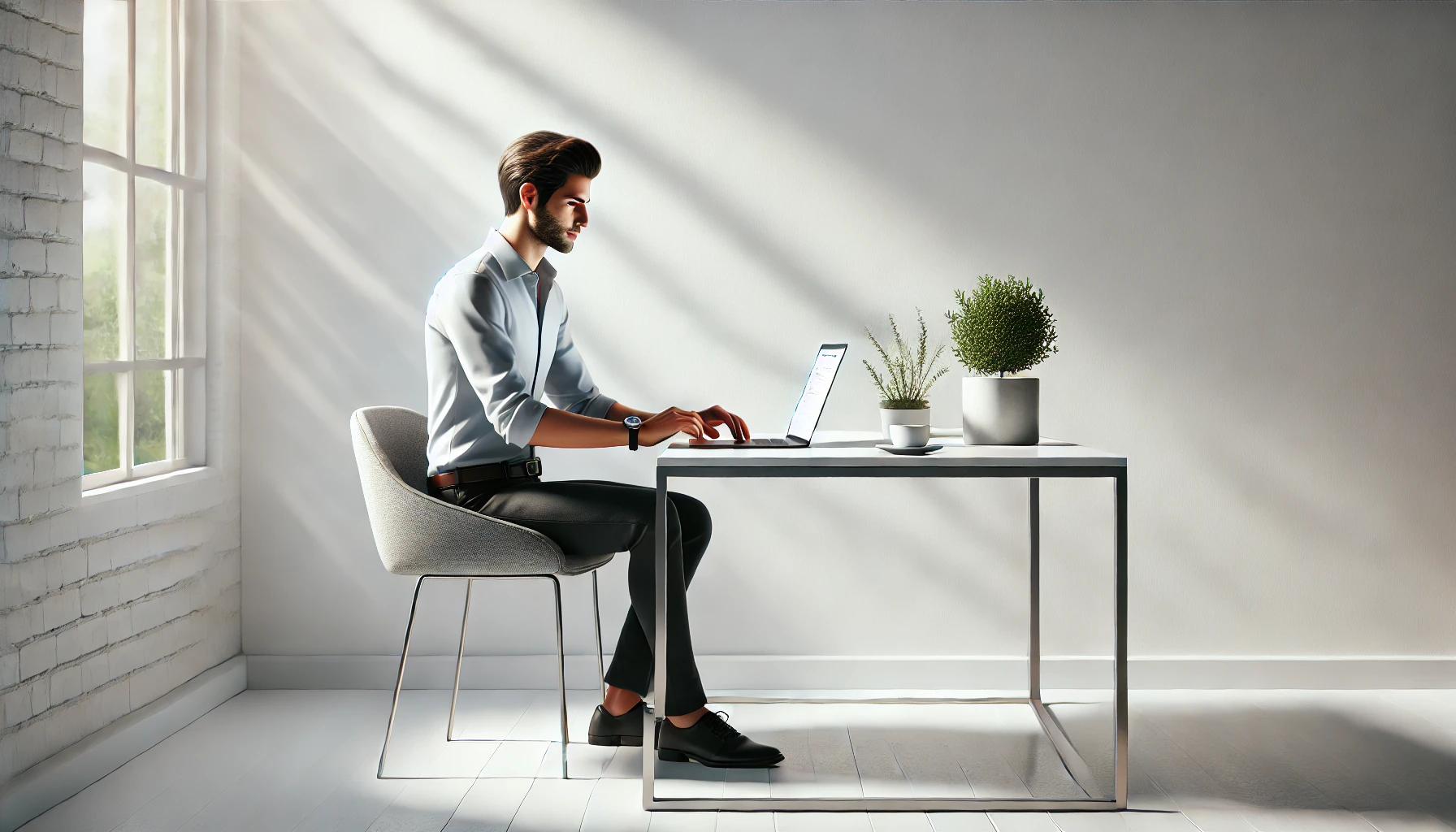 DALL·E 2025 01 17 16.58.09 A realistic illustration of a professional virtual assistant working on a sleek laptop at a minimalist desk setup. The scene features a clean white ba Perfect Virtual Team