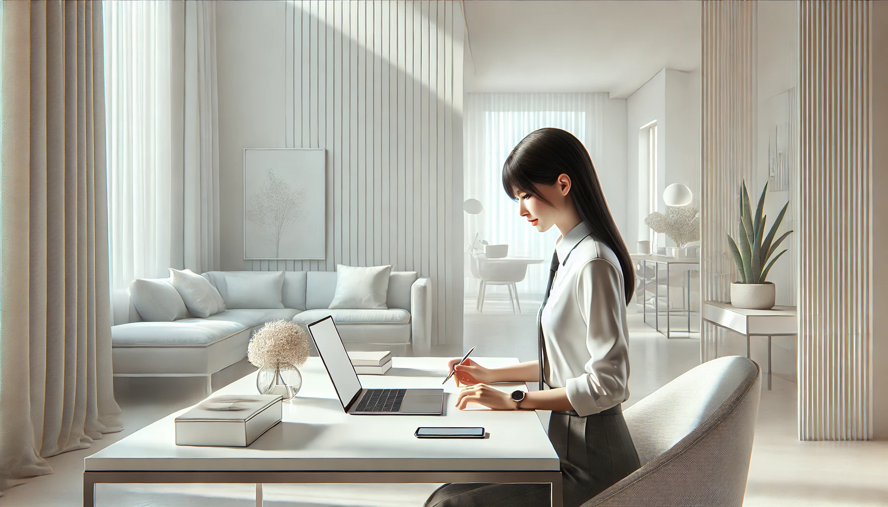 DALL·E 2025 01 17 17.25.13 A realistic digital illustration depicting a professional virtual assistant at work in a bright minimalistic home office. The setting includes a slee Perfect Virtual Team