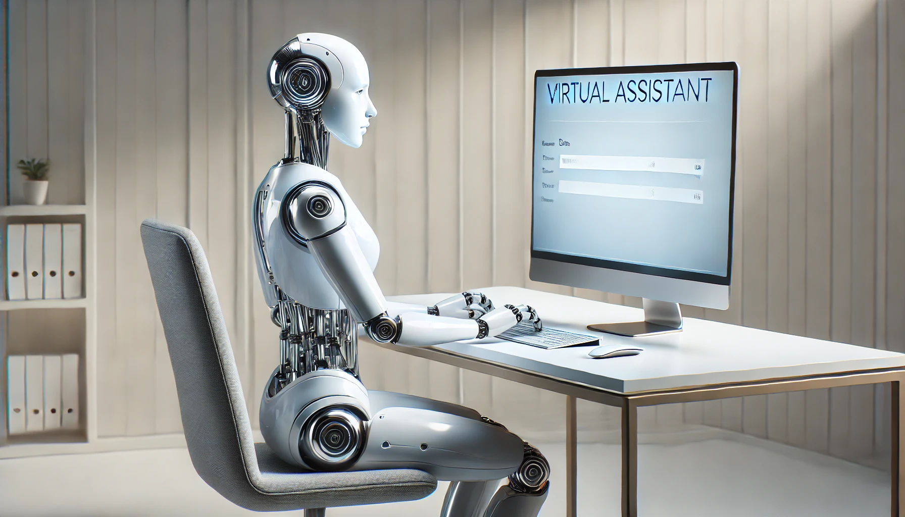 DALL·E 2025 01 20 15.11.13 A realistic depiction of a virtual assistant concept for data entry featuring a sleek humanoid robot with metallic and soft white tones sitting at a Perfect Virtual Team