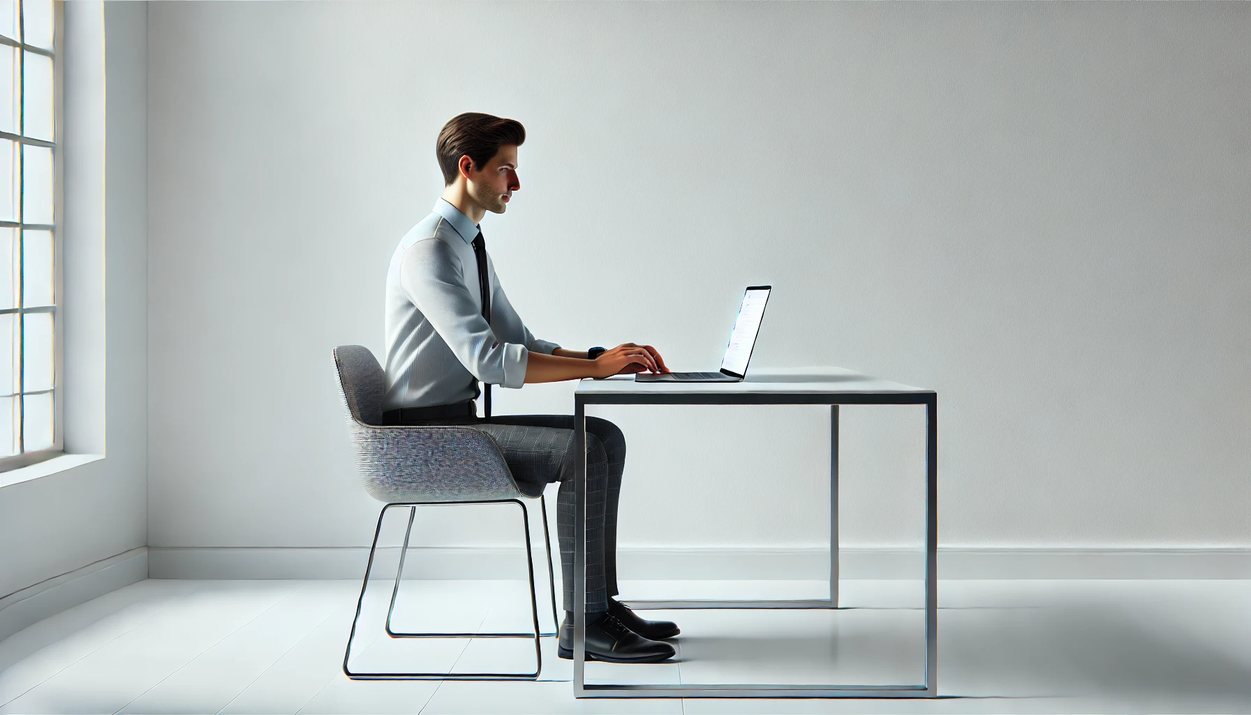 DALL·E 2025 01 20 15.16.41 A photorealistic image of a remote data entry professional working on a modern laptop at a minimalist desk setup. The professional is seated wearing Perfect Virtual Team