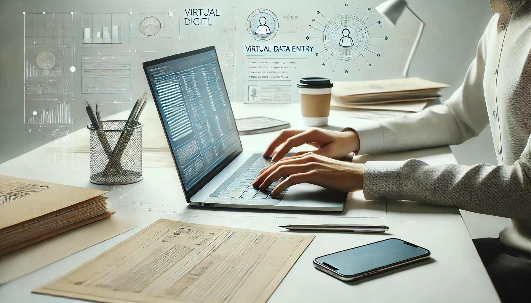 DALL·E 2025 01 20 15.18.01 A realistic digital illustration of a modern workspace focused on virtual data entry. The scene includes a sleek laptop on a white desk with a person Perfect Virtual Team