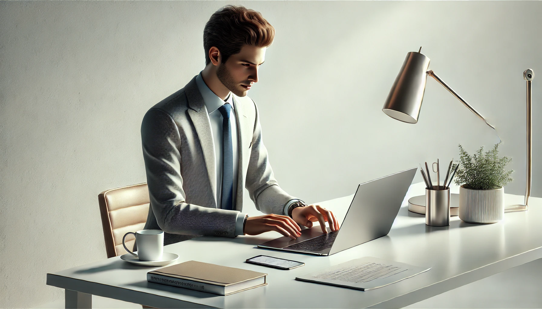 DALL·E 2025 01 20 15.20.37 A realistic illustration of a professional virtual assistant engaged in data entry tasks. The assistant is portrayed using a laptop at a minimalist de Perfect Virtual Team