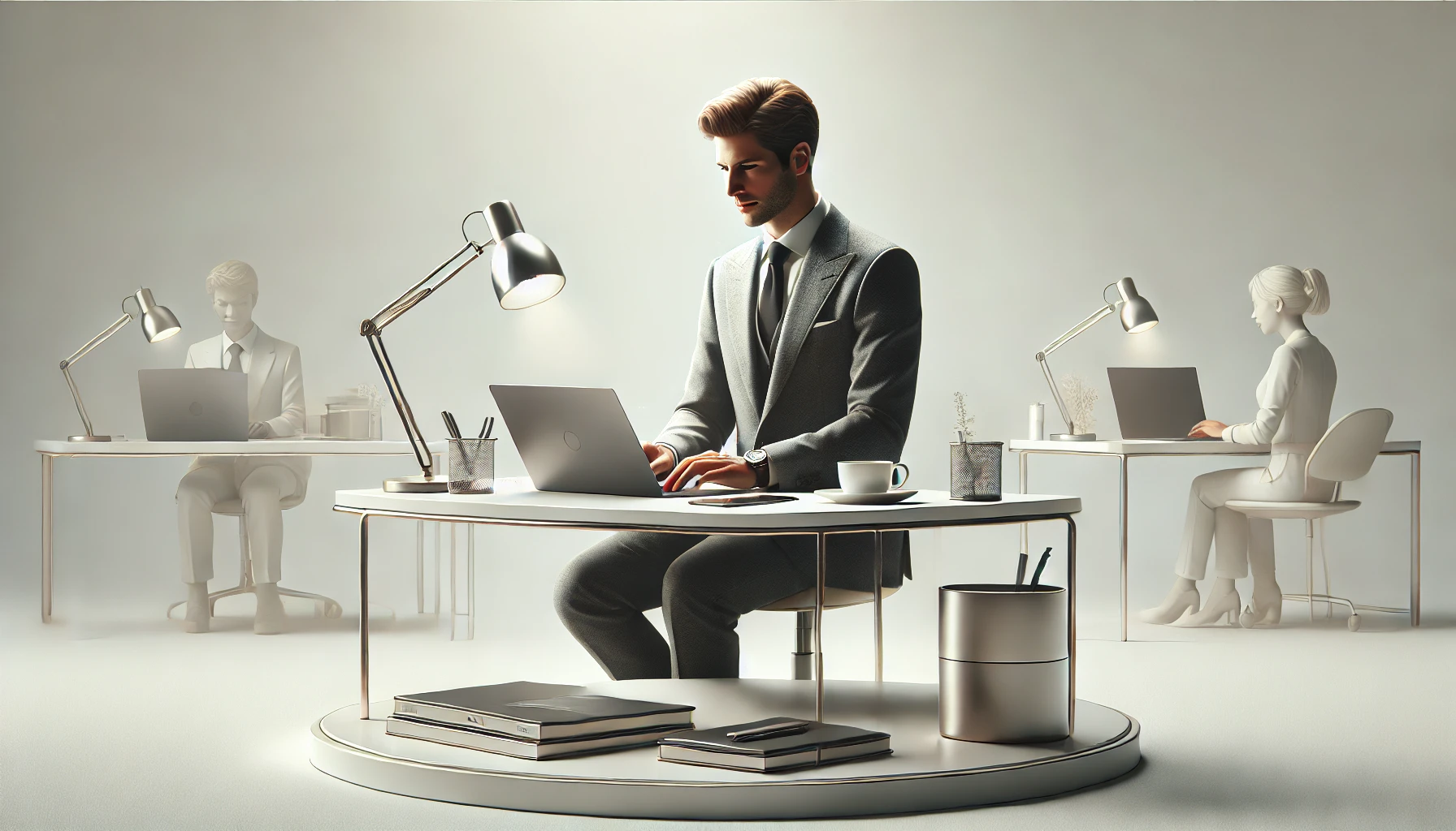 DALL·E 2025 01 22 13.52.39 A professional and modern depiction of an online virtual assistant concept featuring a well dressed individual working on a laptop with a minimalist Perfect Virtual Team