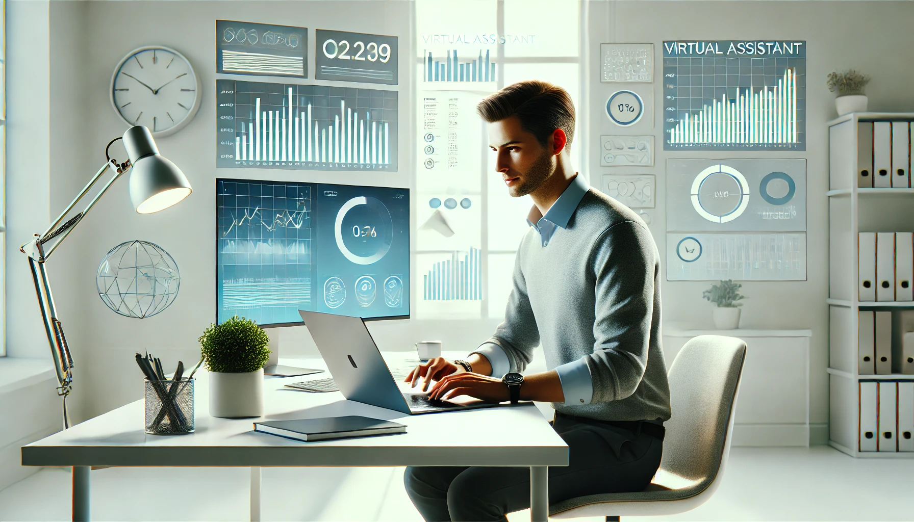 DALL·E 2025 01 24 14.03.22 A realistic digital artwork of a professional virtual assistant at work sitting at a sleek desk with a modern laptop multiple monitors displaying ch 1 Perfect Virtual Team