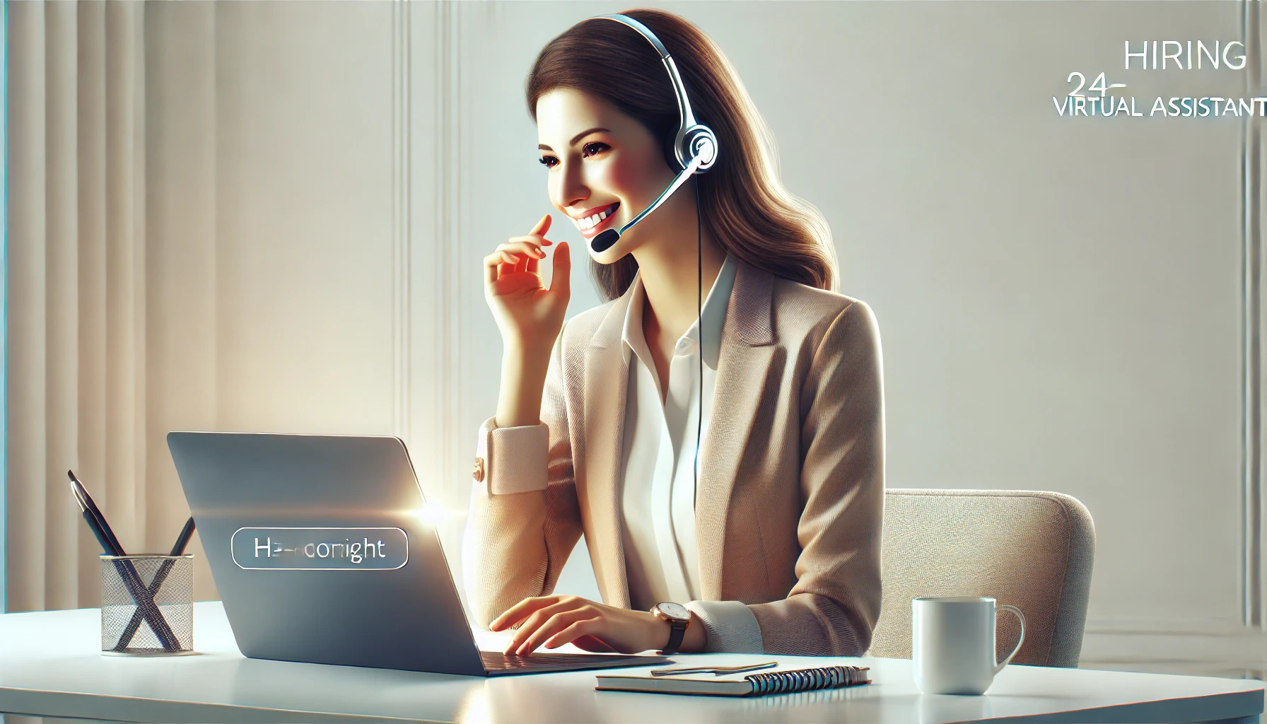 DALL·E 2025 01 24 14.05.49 A realistic feature image showcasing the concept of hiring a 24 hour virtual assistant. The composition includes a smiling professional woman in busin Perfect Virtual Team