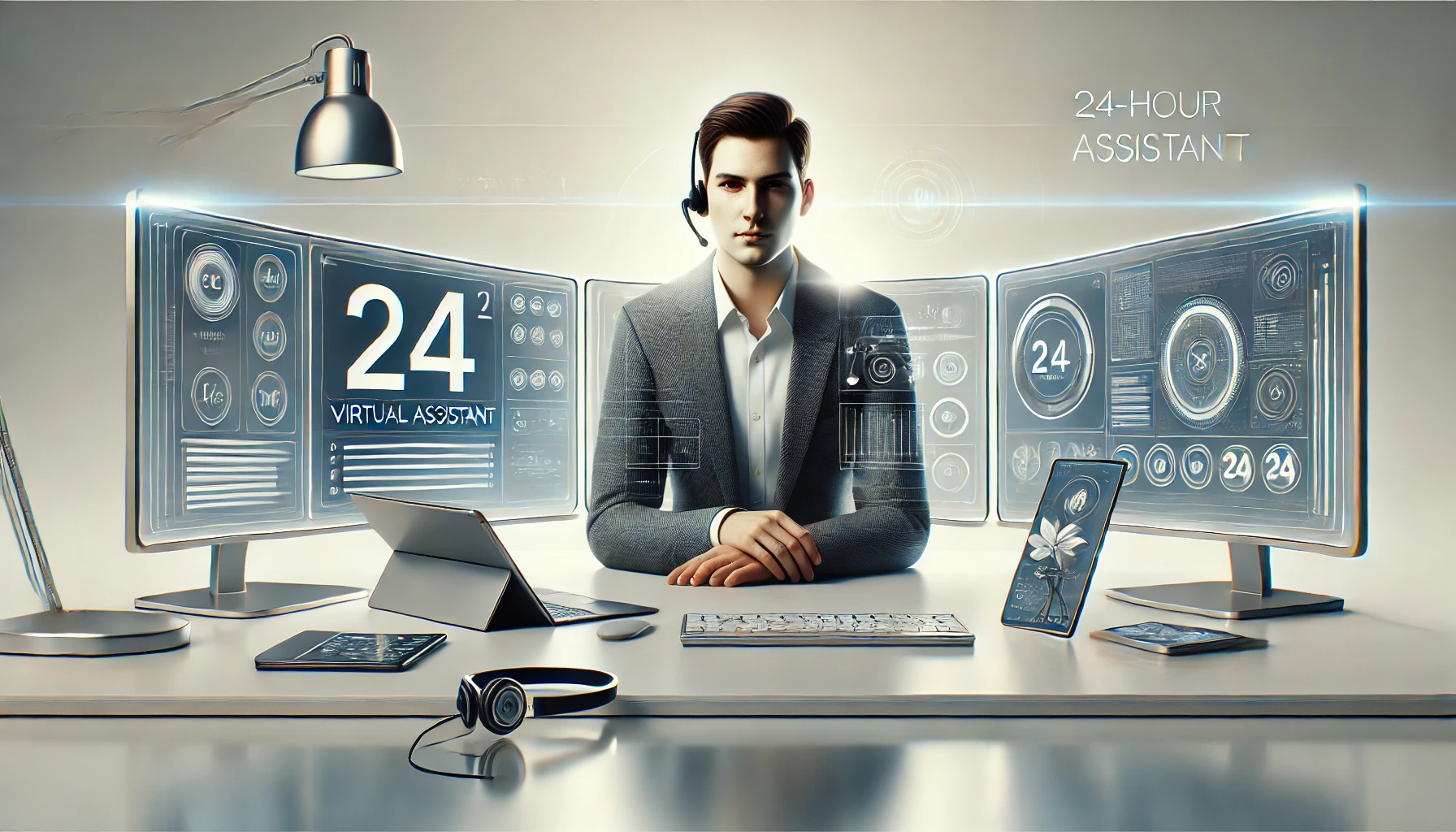 DALL·E 2025 01 24 14.12.36 A realistic digital illustration of a modern virtual assistant concept featuring a professional individual working at a sleek desk with multiple scre Perfect Virtual Team