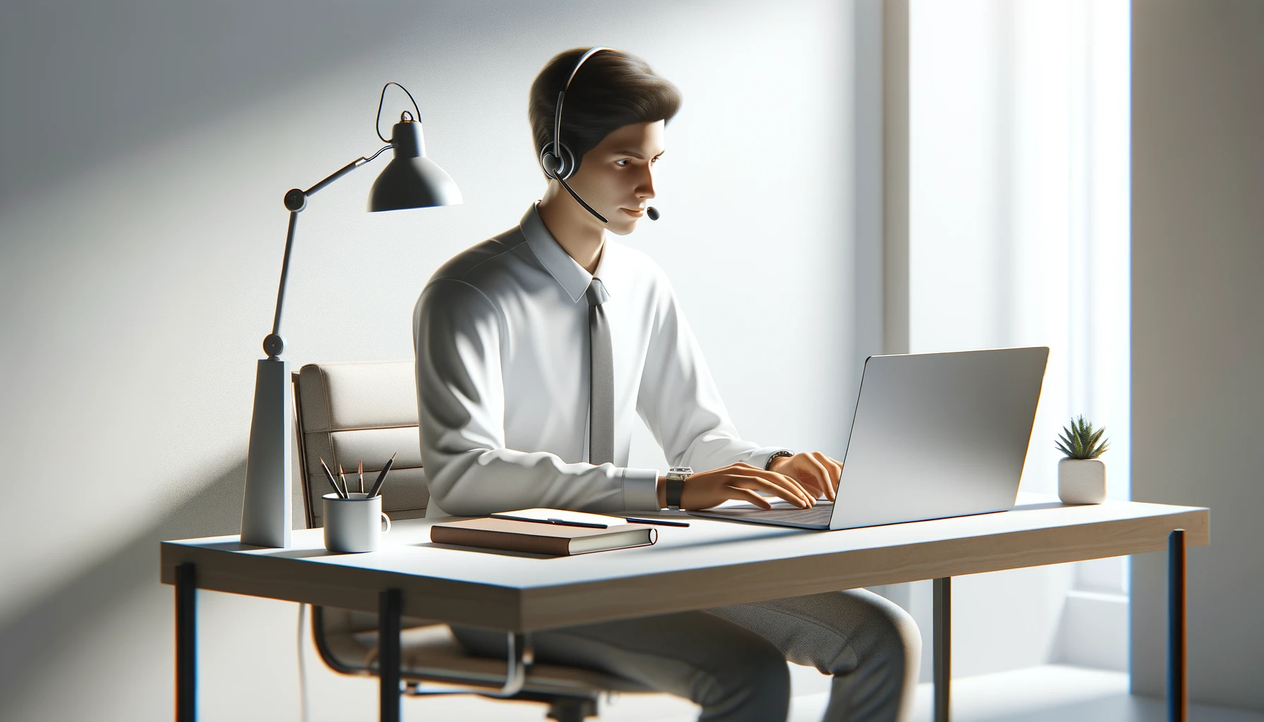 DALL·E 2025 01 24 14.13.48 A realistic illustration of a professional virtual assistant working at a desk with a headset and a laptop set against a clean white backdrop. The as Perfect Virtual Team