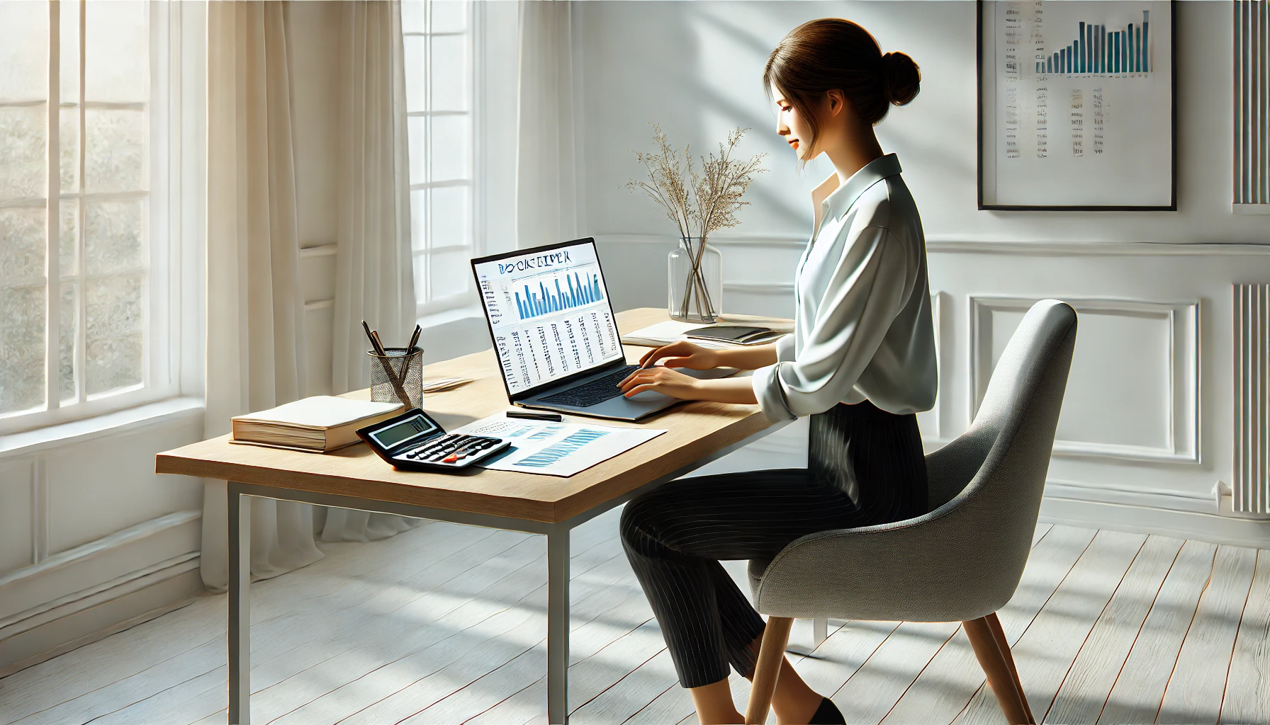 DALL·E 2025 02 14 15.05.01 A realistic digital illustration of a professional virtual assistant bookkeeper working remotely. The setting is a minimalist modern home office with Perfect Virtual Team