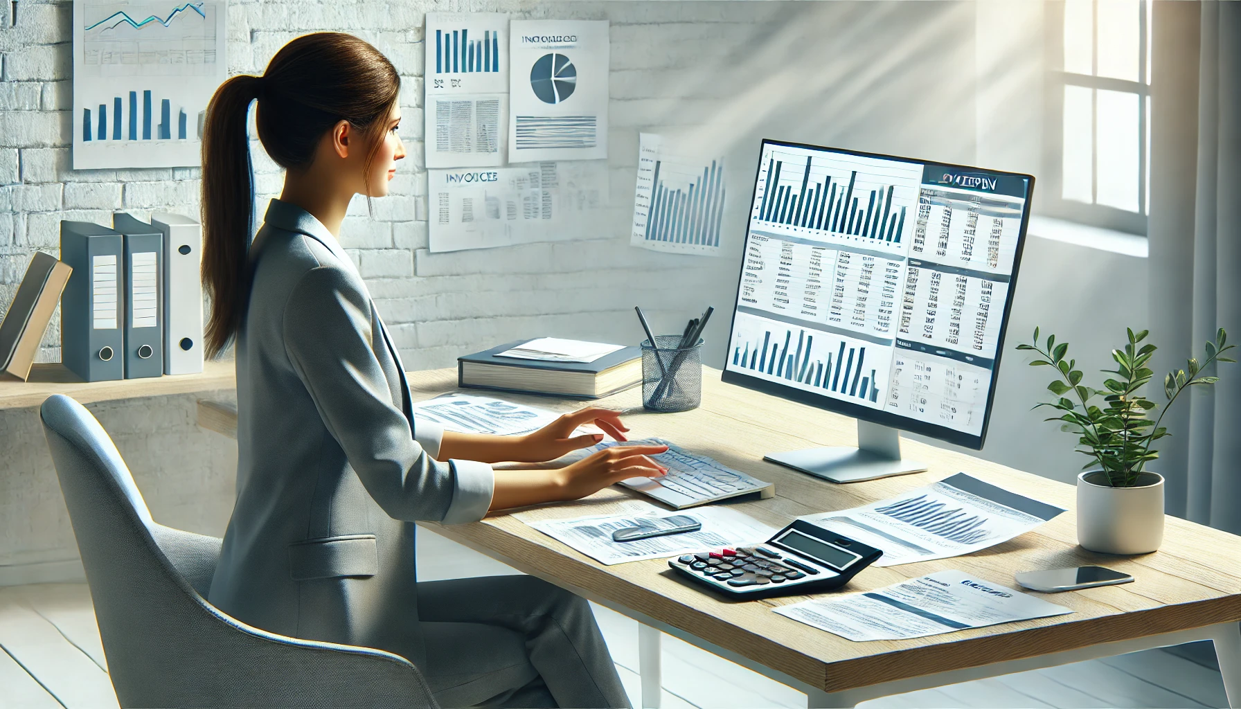 DALL·E 2025 02 14 15.06.54 A realistic image of a professional virtual assistant working on bookkeeping tasks. The assistant is sitting at a modern well organized desk with a l Perfect Virtual Team