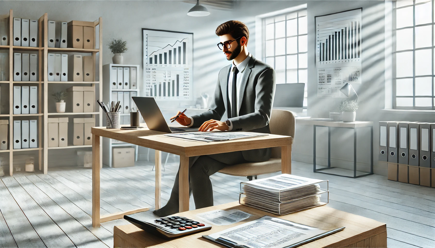 DALL·E 2025 02 14 15.18.34 A realistic digital illustration of a professional virtual assistant working on bookkeeping tasks. The scene features a neatly arranged workspace with Perfect Virtual Team